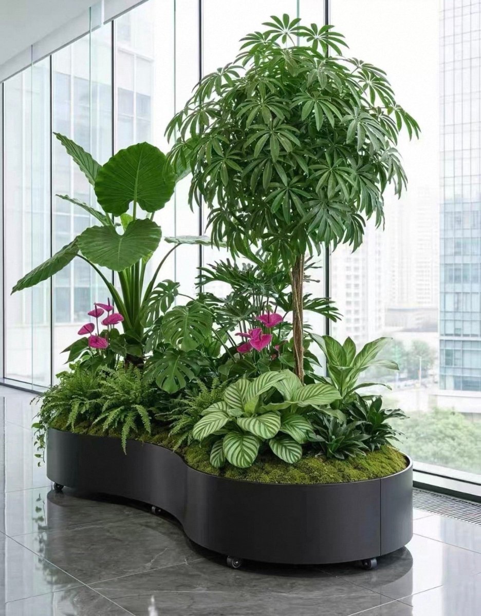 A free-form planter bed in an office