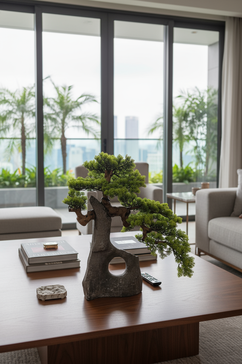 Sculpted Bonsai on Stone Centerpiece - Real-Trunk Artificial - Plant Arrangement -  Tumbleweed Plants