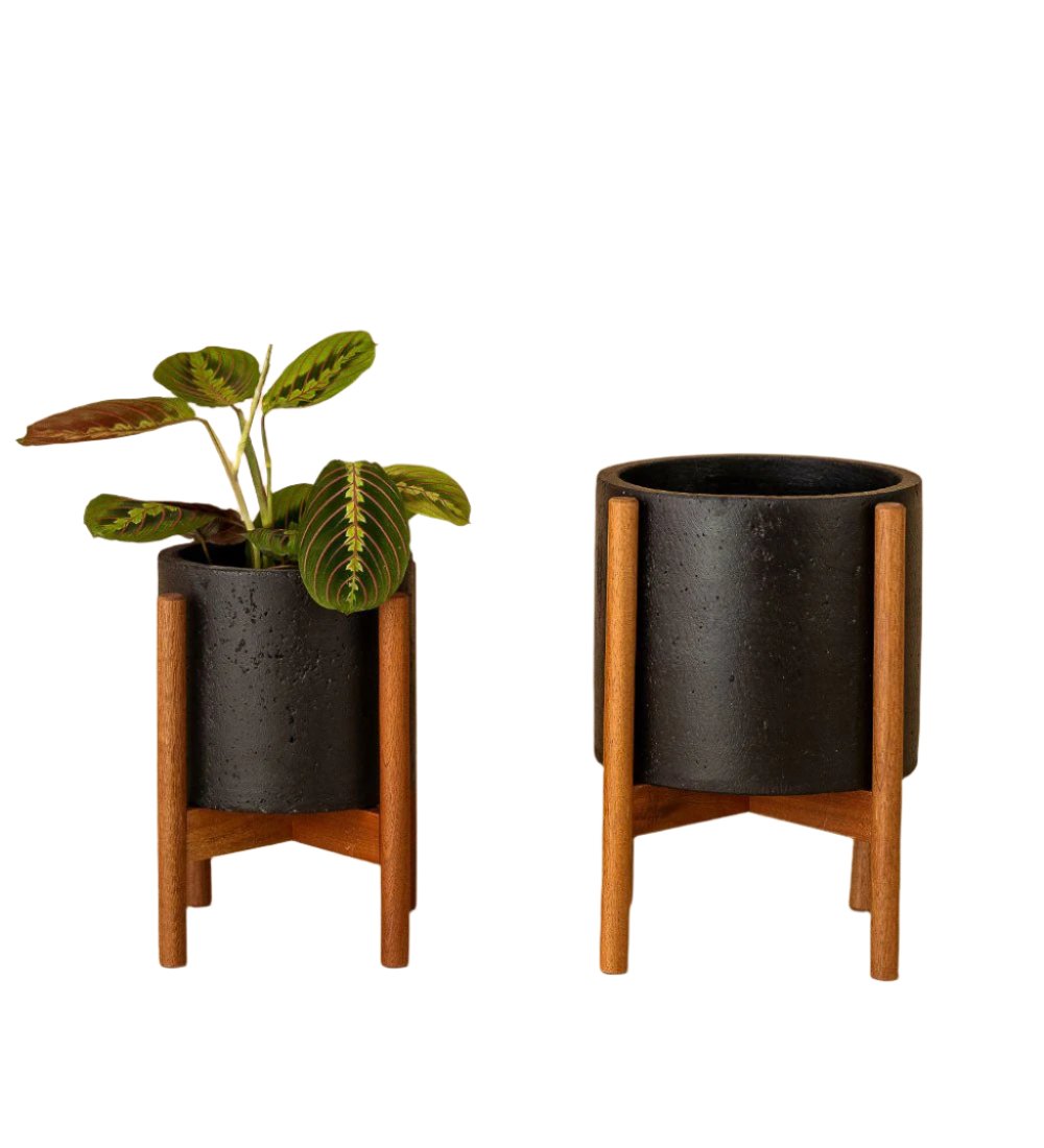 black plant pot with wooden stand Buy Mid Century Planter with Stand Singapore