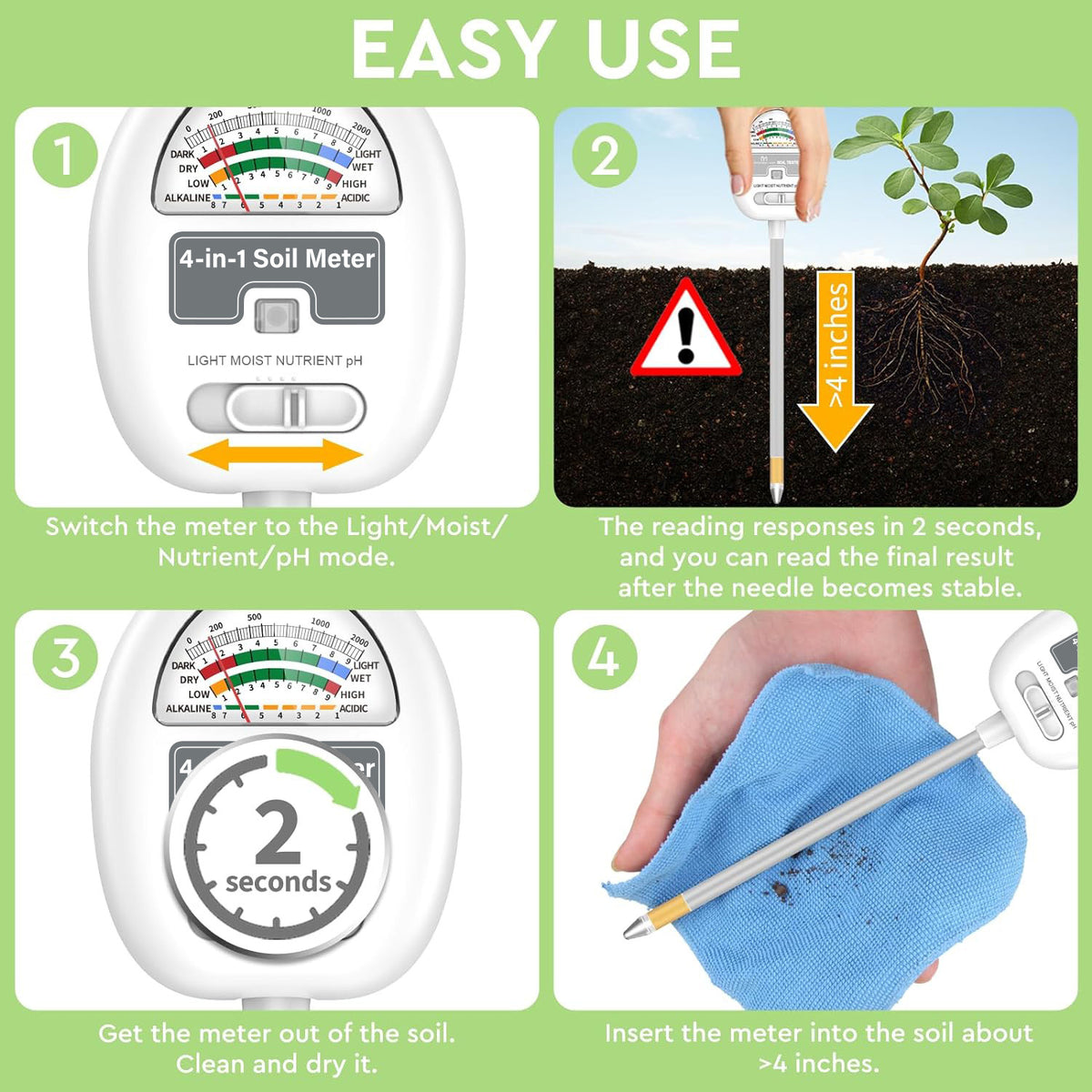 4-in-1 Watering Meter (Moisture,Light,Soil PH,Nutrient)