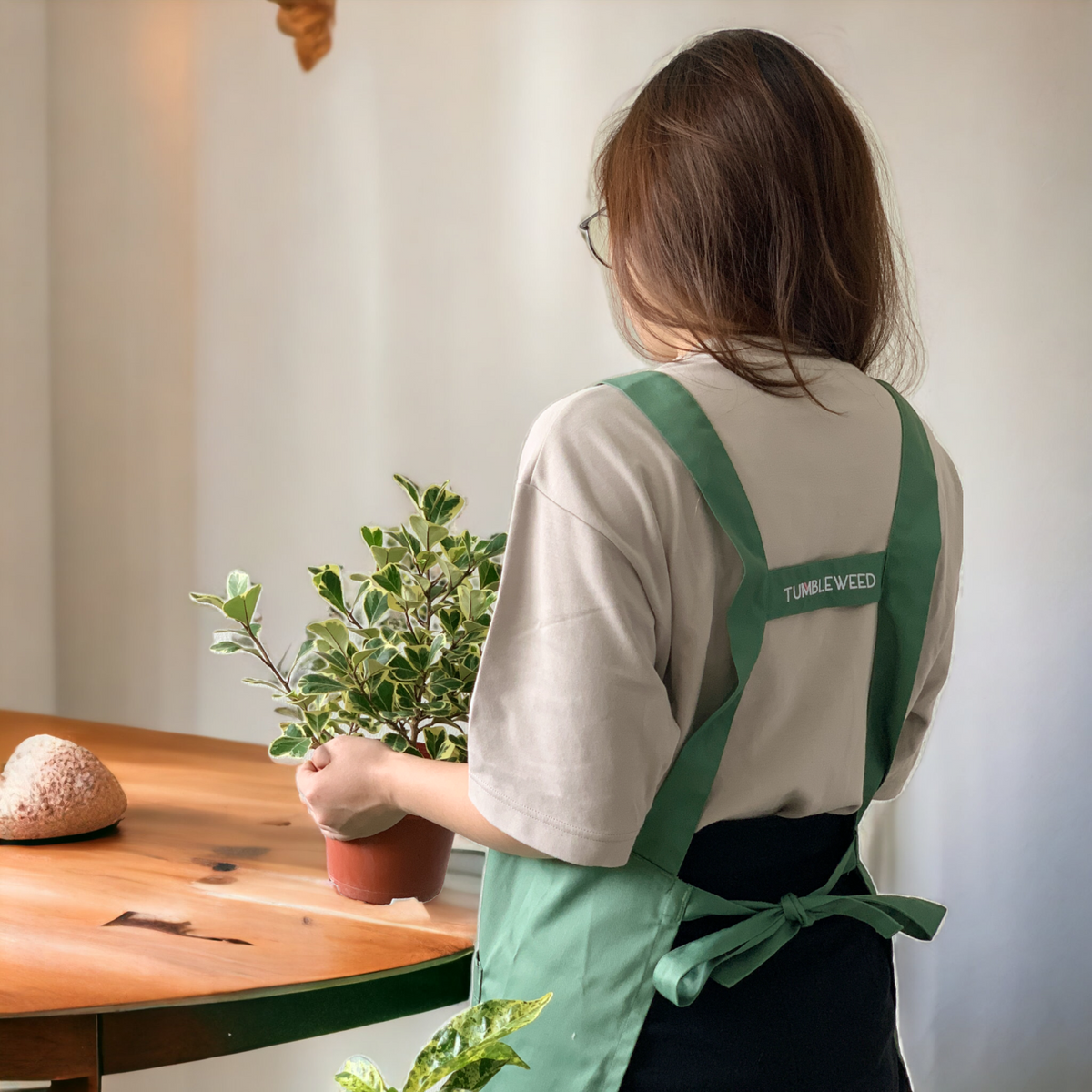 A person in an apron tending a small plant