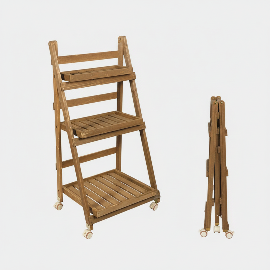 Foldable Wooden Plant Rack - Retro Coffee 3-Tier 60cm with Wheels