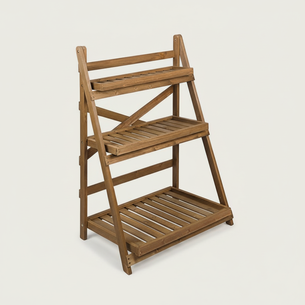 Foldable Wooden Plant Rack - Retro Coffee 3-Tier 80cm