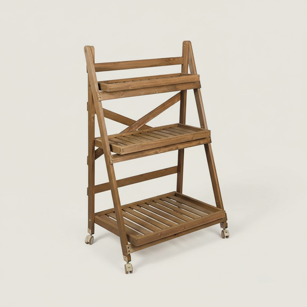 Foldable Wooden Plant Rack - Retro Coffee 3-Tier 80cm with Wheels
