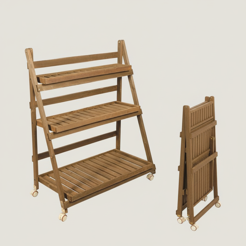Foldable Wooden Plant Rack - Retro Coffee 3-Tier 100cm with Wheels