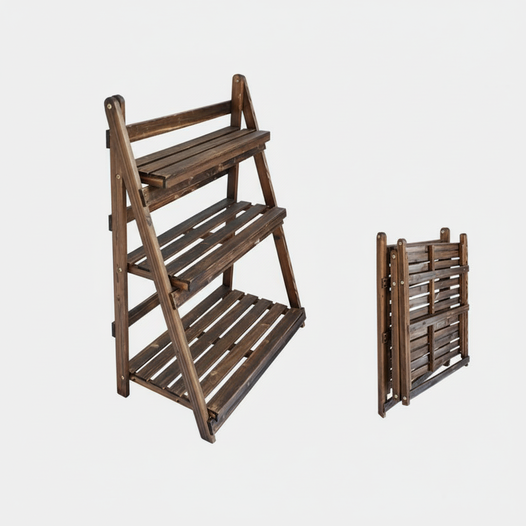 Foldable Wooden Plant Rack - Carbonized 3-Tier 75cm