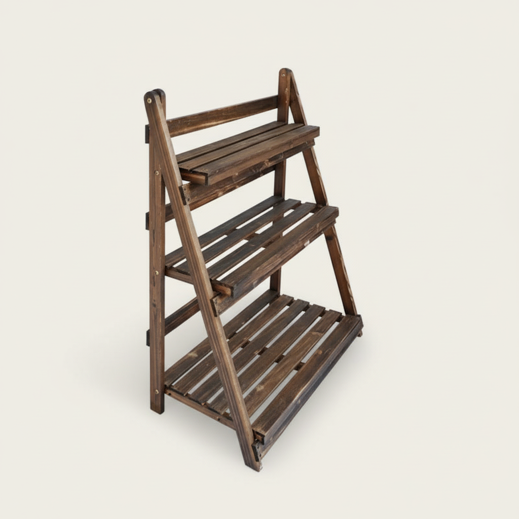 Foldable Wooden Plant Rack - Carbonized 3-Tier 85cm
