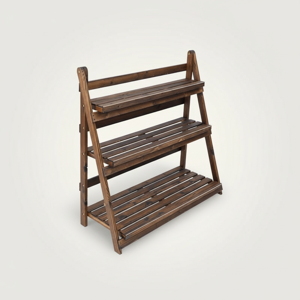 Foldable Wooden Plant Rack - Carbonized 3-Tier 95cm