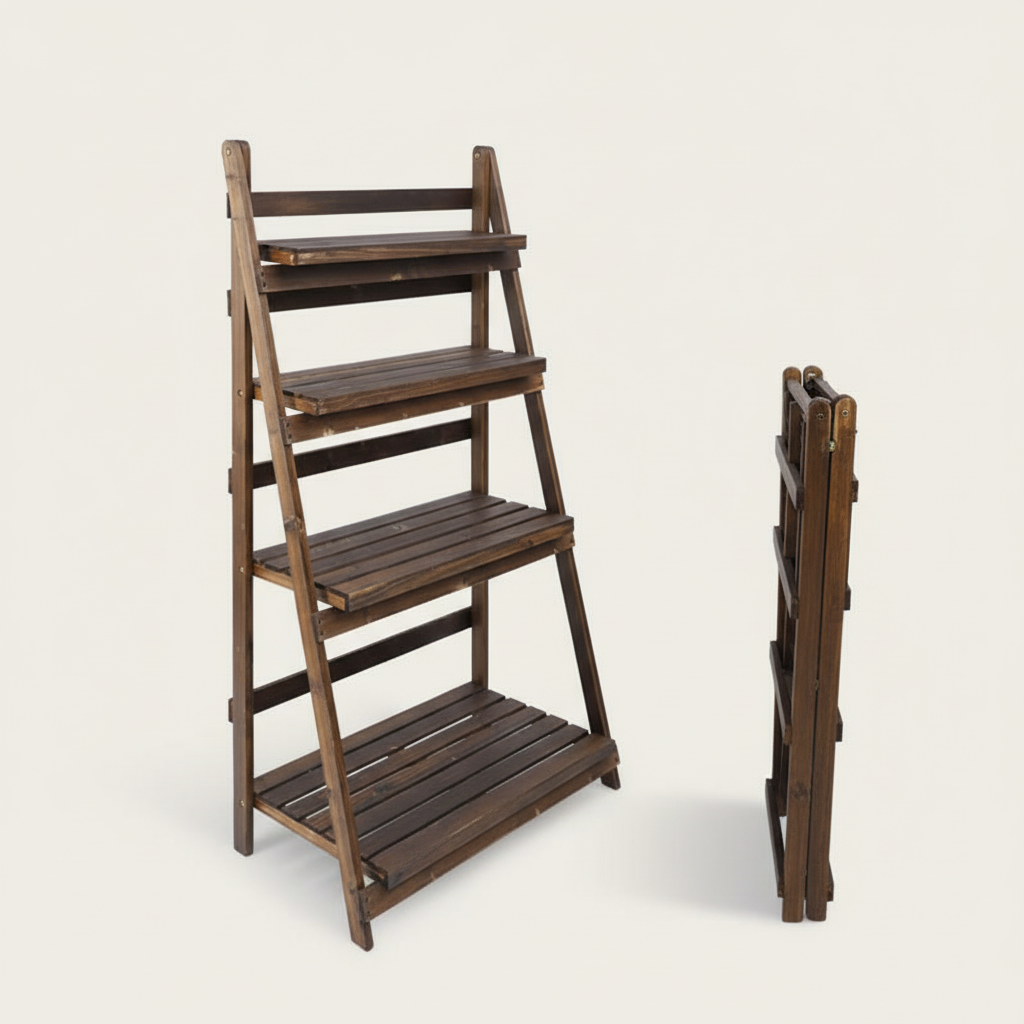 Foldable Wooden Plant Rack - Carbonized 4-Tier 75cm