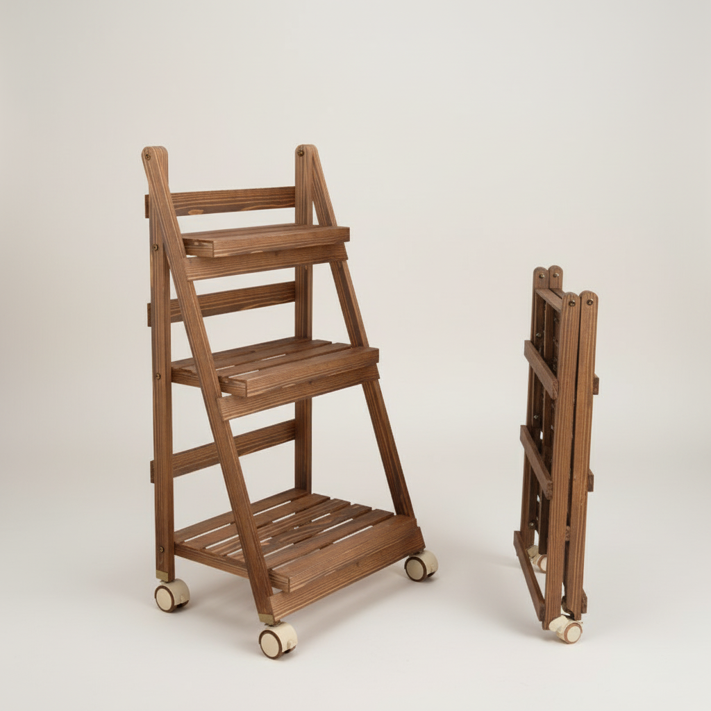 Foldable Wooden Plant Rack - Carbonized 3-Tier 65cm with Wheels