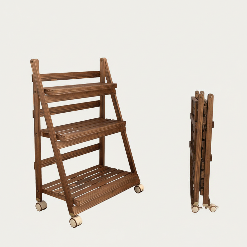Foldable Wooden Plant Rack - Carbonized 3-Tier 85cm with Wheels