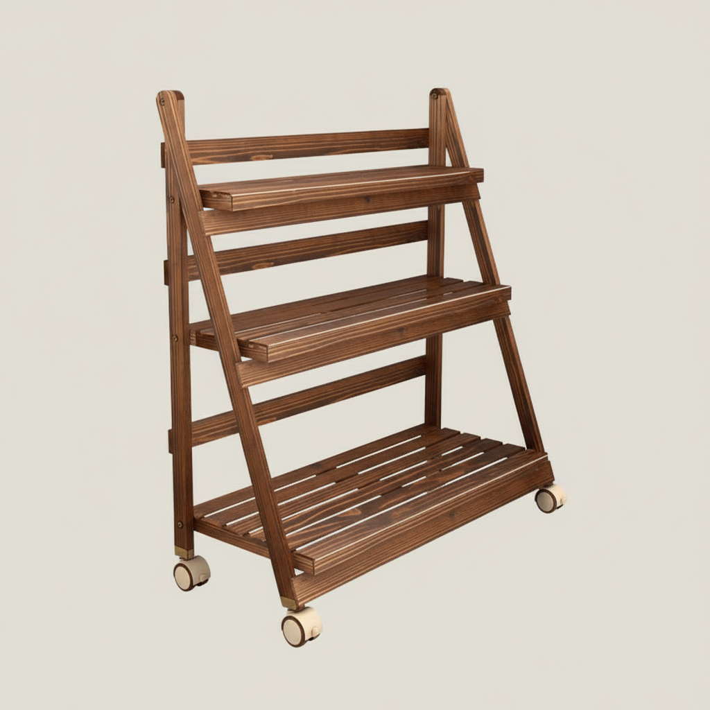 Foldable Wooden Plant Rack - Carbonized 3-Tier 95cm with Wheels