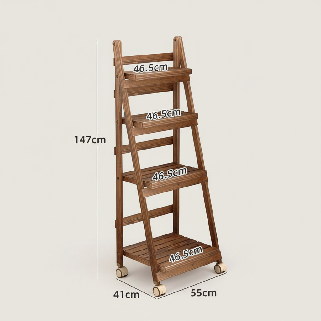 Foldable Wooden Plant Rack - Carbonized 4-Tier 55cm with Wheels