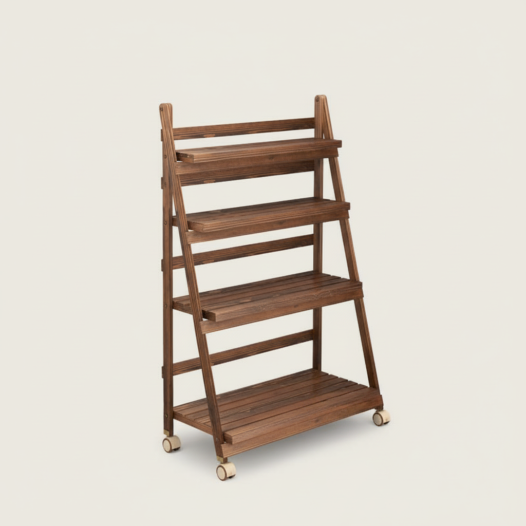 Foldable Wooden Plant Rack - Carbonized 4-Tier 75cm with Wheels