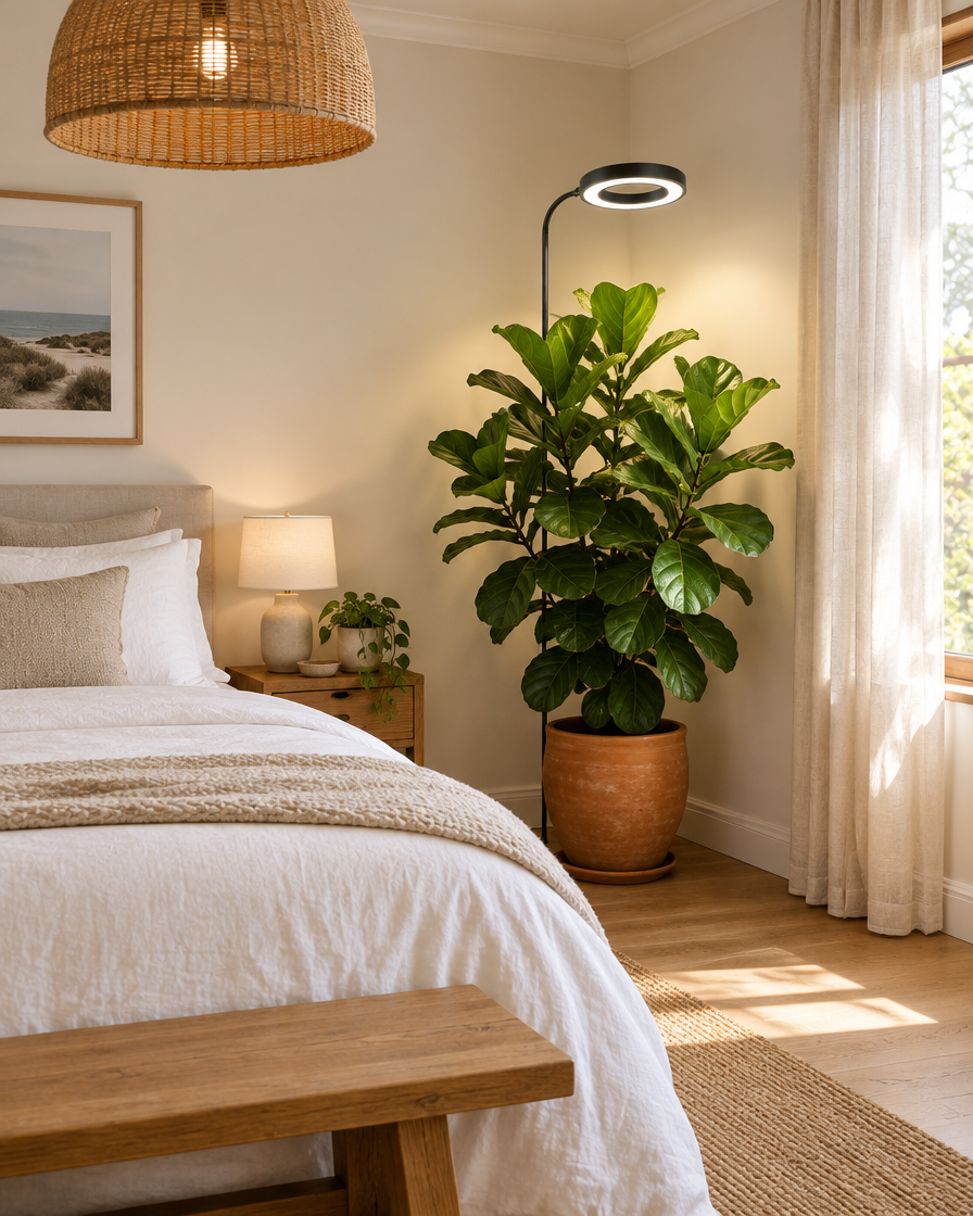 HALO ring grow light over a fiddle leaf fig in a bedroom corner