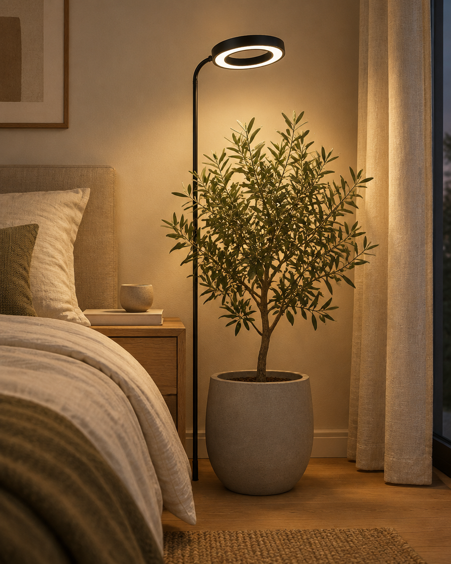 Black HALO ring grow light over an olive tree in a bedroom corner
