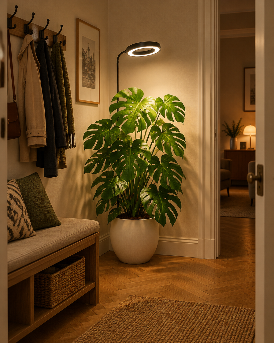 HALO ring grow light over a monstera in a windowless hallway