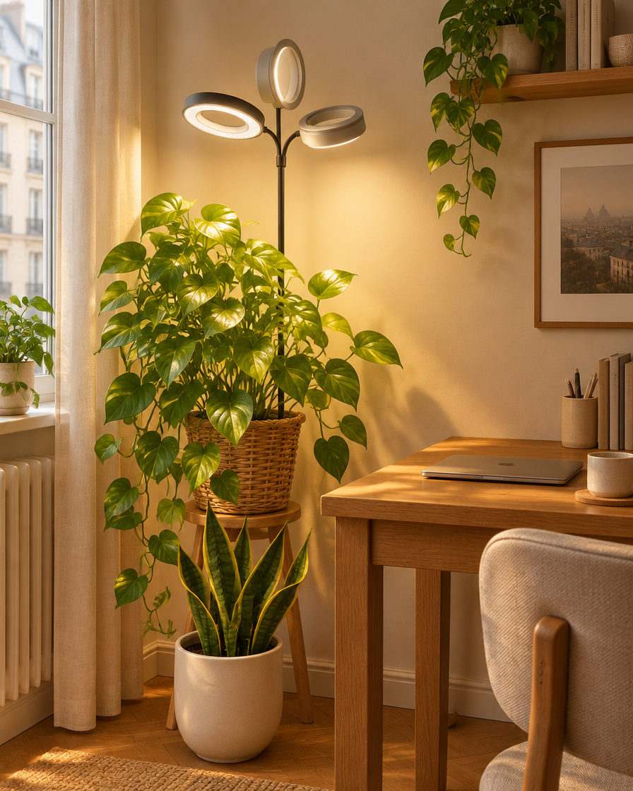 HALO grow light over a pothos and a snake plant beside a desk