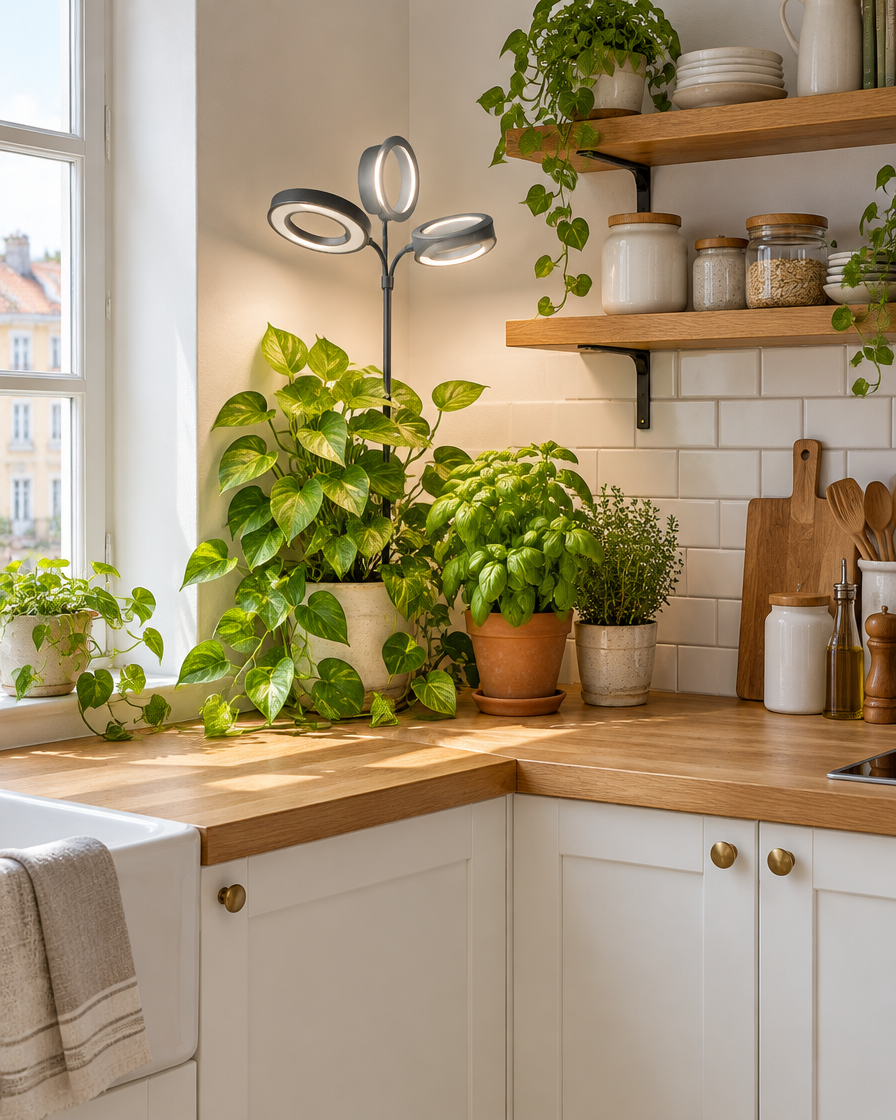 HALO grow light over a pothos and herbs on a kitchen bench