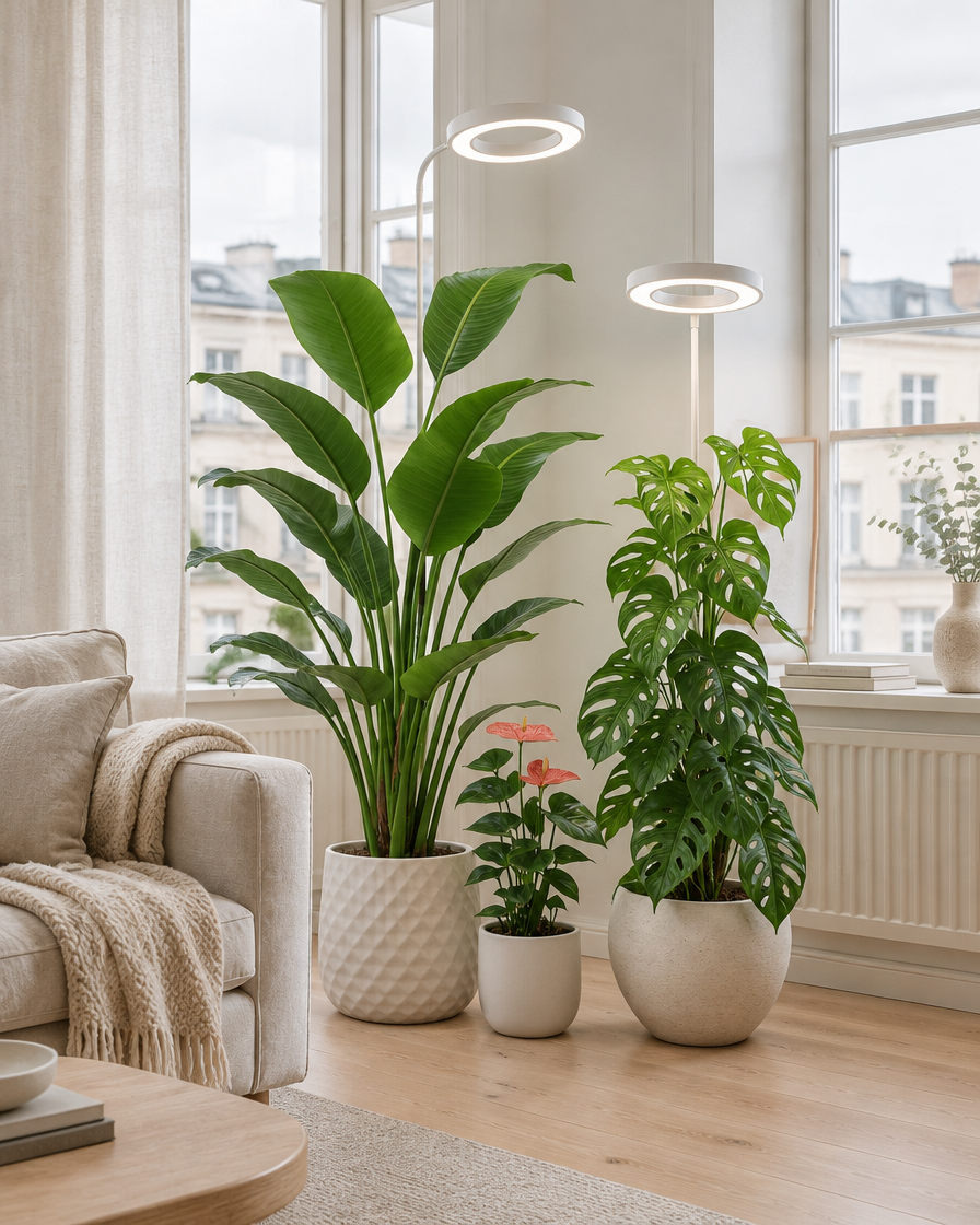 HALO ring grow lights over a monstera and a bird of paradise in a bright living room