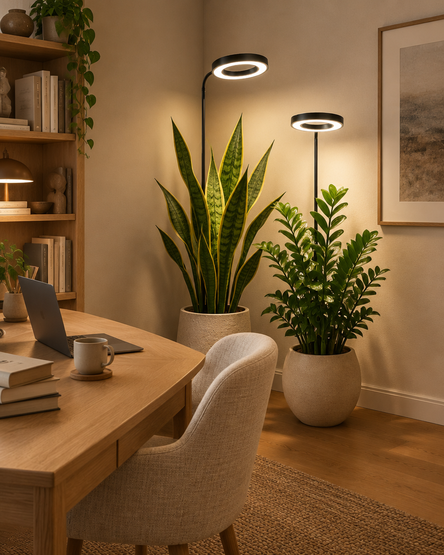 Two HALO ring grow lights over a snake plant and a ZZ plant in a home office
