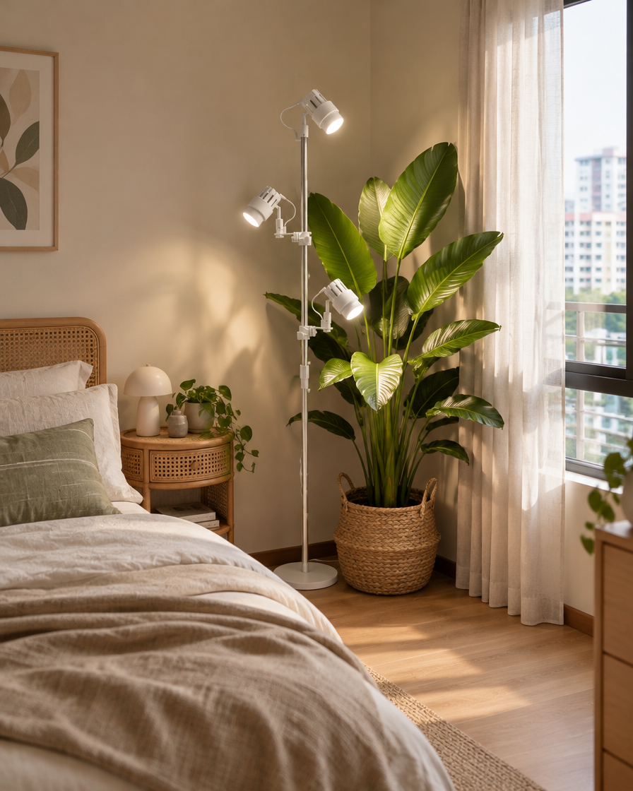 White Helio grow light over a bird of paradise in a bedroom corner