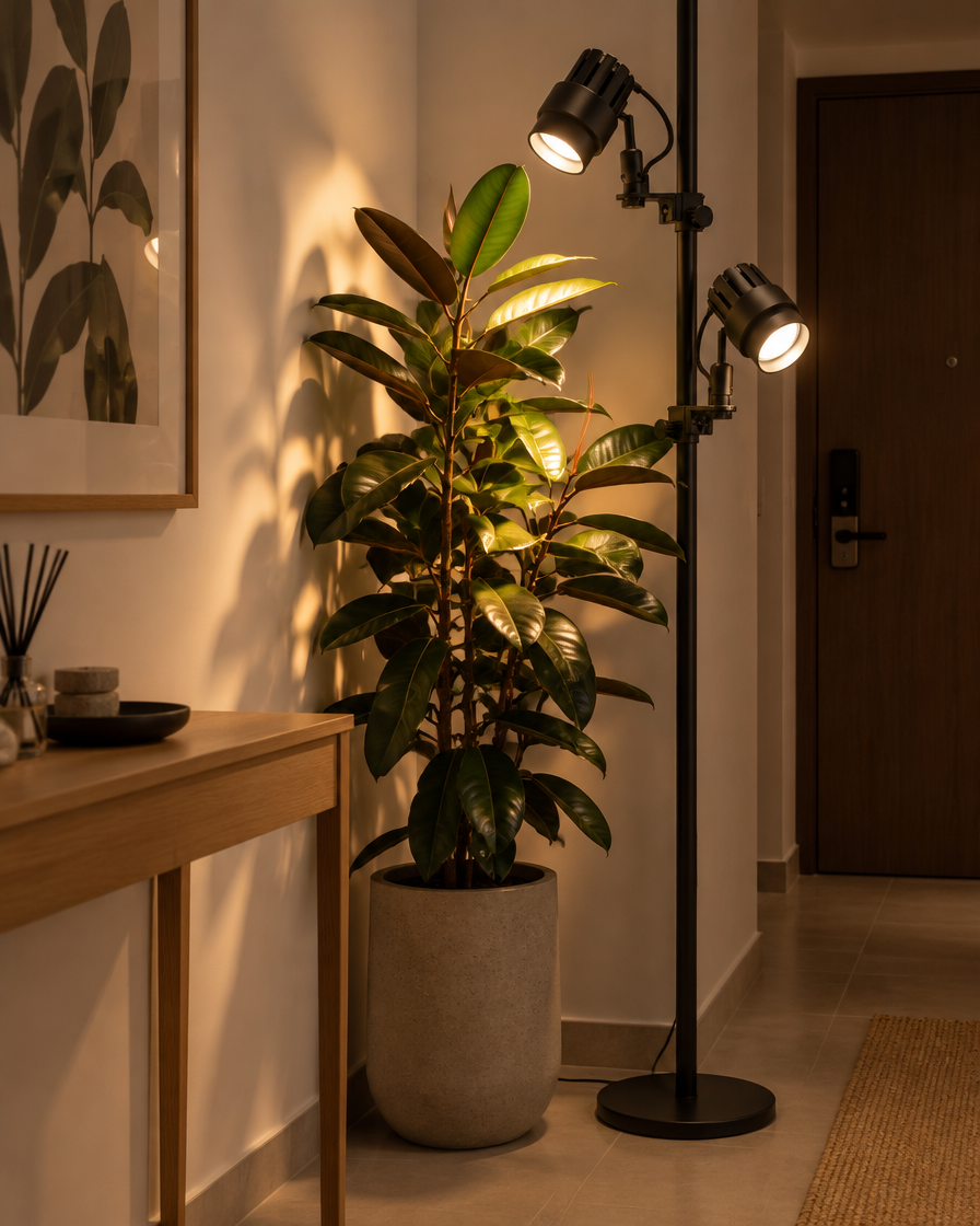 Helio Plant Grow Light Pro keeping a rubber plant healthy in a windowless hallway