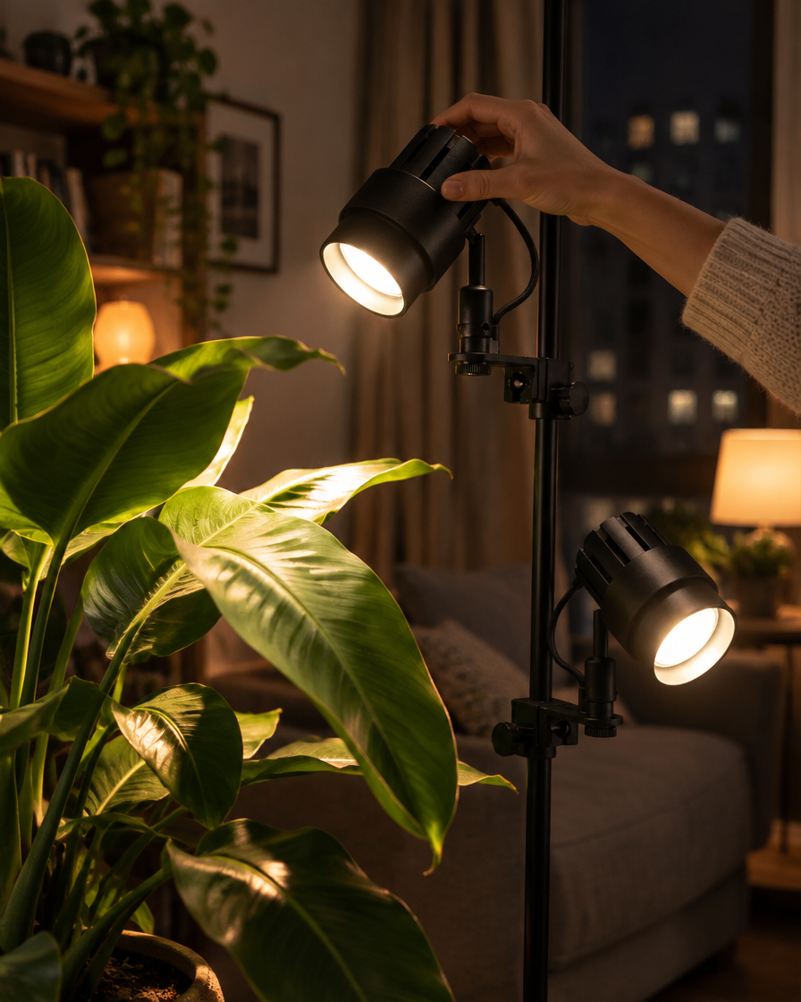 A hand angling a Helio spotlight onto a bird of paradise