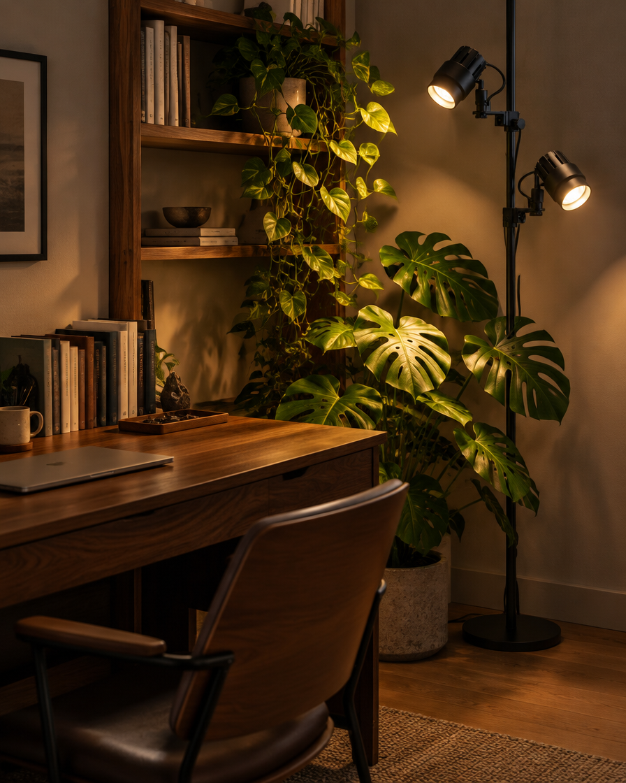 Helio grow light lighting a monstera and a pothos in a home office