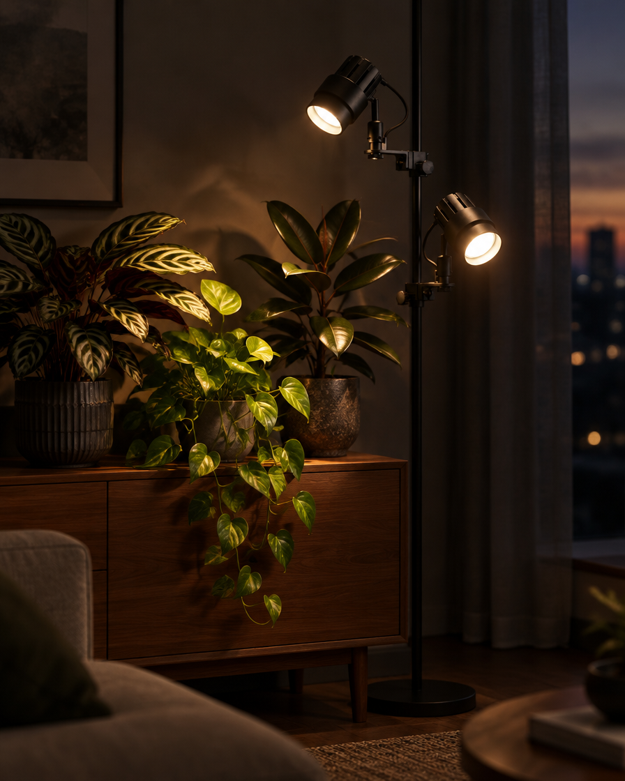 Helio grow light over plants on a sideboard at dusk