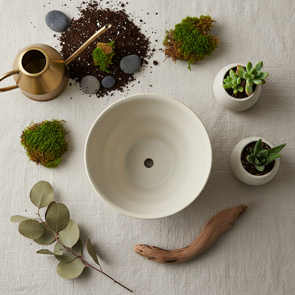 Styled flat-lay with planting accessories