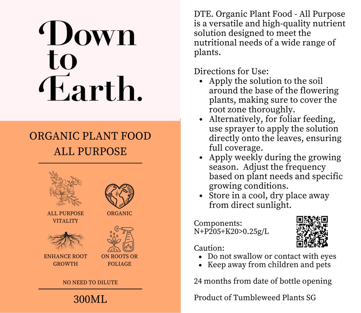 Down To Earth. Organic Plant Food - Refill Pack - 500ml - Fertiliser - Tumbleweed Plants - Online Plant Delivery Singapore