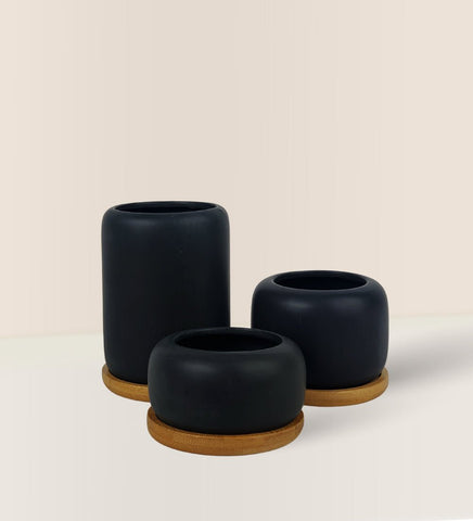 Matte Black Cement Pot with Wooden Tray - Tall