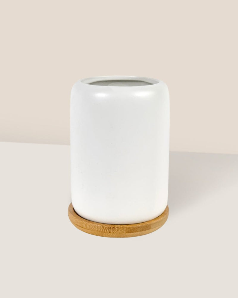 Matte White Cement Pot with Wooden Tray - Tall - Pot - Tumbleweed Plants - Online Plant Delivery Singapore