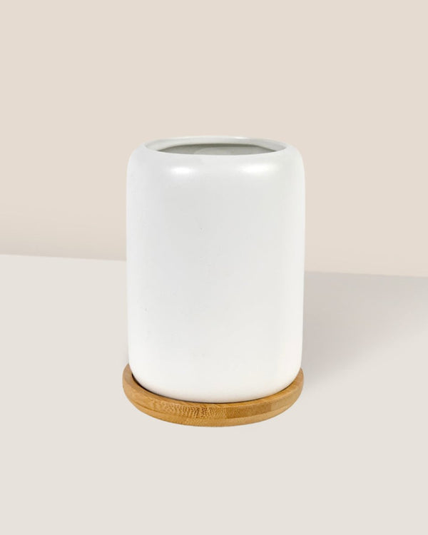 Matte White Cement Pot with Wooden Tray - Tall - Pot - Tumbleweed Plants - Online Plant Delivery Singapore